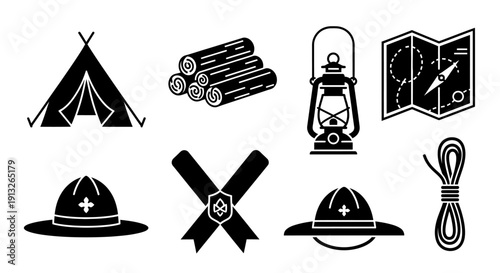Essential Set of Camping and Scout Icons Including Tent, Firewood, Lantern, Map, Hats, Badge, and Rope