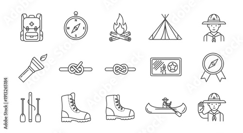 Comprehensive Set of Line Icons for Camping and Scout Activities with Gear and Navigation Tools