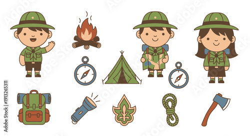 Happy Cartoon Scout Children with Camping Gear and Bonfire in Bright Studio