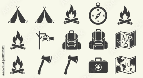 Set of Camping and Scouting Adventure Icons in Bright Studio