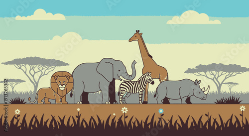 Happy African Savanna Animals Standing Together in Wild Grasslands under Blue Sky with Trees