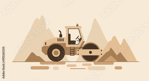 Heavy Duty Road Roller Operating On Terrain
