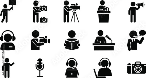 Media communication icons set, journalism broadcasting symbols, reporter cameraman microphone podcast customer support illustration, isolated white background vector design collection