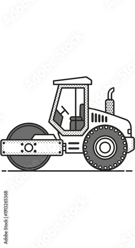 Heavy Duty Steamroller Construction Machine Isolated On White Background Line Art