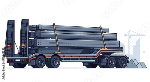 Heavy Duty Trailer Transporting Industrial Steel Beams To Construction Site
