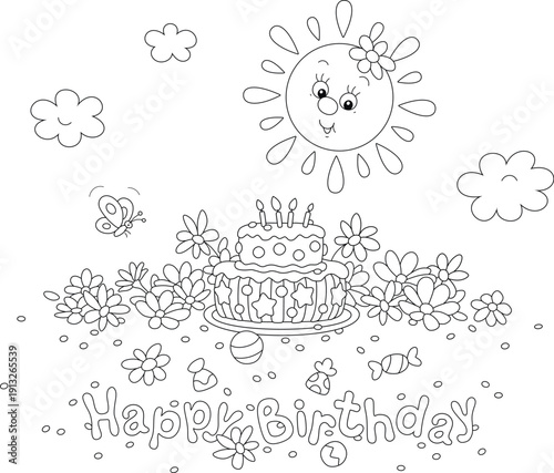 Happy birthday card with a smiling Sun, a merry butterfly and a funny dragonfly flying around a fancy cake and pretty flowers, black and white outline vector cartoon illustration for a coloring book