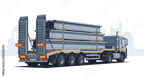 Heavy Duty Truck Transporting Steel Beams For Construction Projects
