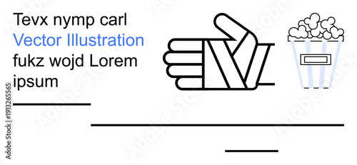 Healthcare, communication, entertainment ideas, design, text layouts, abstract art. Bandaged hand gesture and popcorn box with text. Healthcare and communication ideas