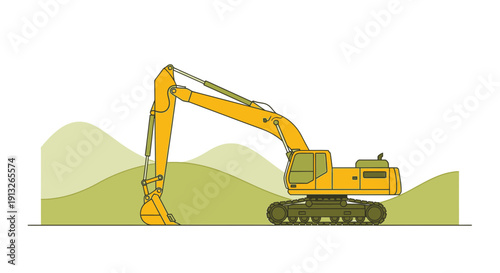 Heavy Duty Yellow Excavator Machine Working on Grassy Hillside