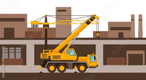 Heavy Duty Yellow Crane Operates Amidst Industrial Buildings Construction