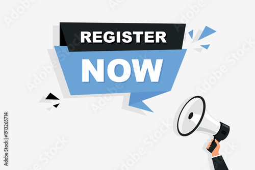 Register now badge vector isolated on white. Vector banner for registration in services, blogs, websites. Vector banner register now with megaphone