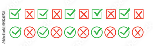 Check mark icon set. Checkmark cross on white background. Green check marks and red crosses. Circle and square, hard and rounded corners. Vector illustration