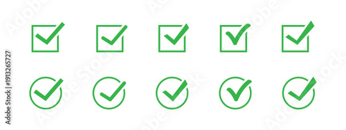 Check mark icon set. Green check marks. Circle and square, hard and rounded corners. Vector illustration