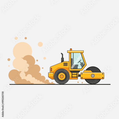 Heavy Duty Yellow Steamroller Compacting Ground Generating Dust Clouds On White Background