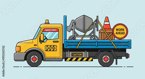 Heavy Duty Yellow Truck Transporting Construction Equipment With Caution Signs