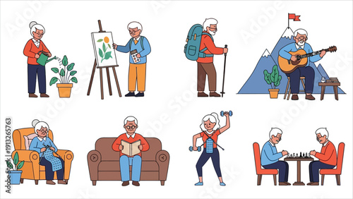 Active Seniors Enjoying Hobbies – Elderly Men and Women Leading a Healthy, Social Lifestyle Vector Illustration