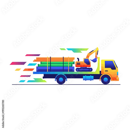 Heavy Equipment And Pipe Delivery Truck In Motion