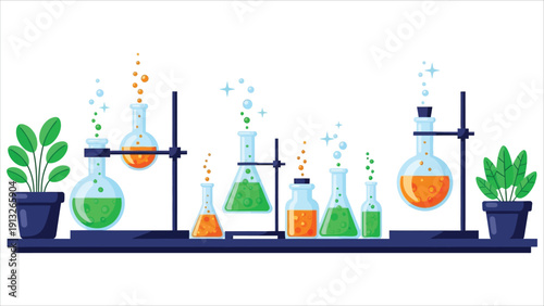  Chemistry Lab Setup Vector Illustration – Vibrant Liquid Experiments with Botanical Decor Elements