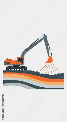 Heavy Excavator Digging Layered Earth For Construction Site Groundbreaking Work