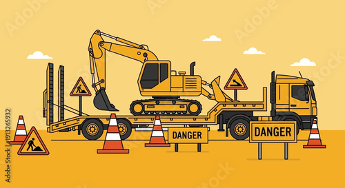 Heavy Equipment Transported On Lowboy Trailer With Cautionary Signage