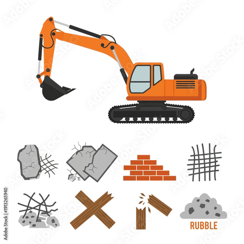 Heavy Excavator Machine And Construction Debris Elements For Demolition Projects