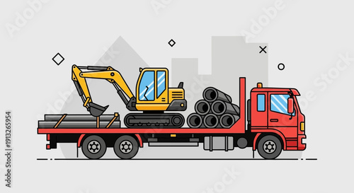 Heavy Equipment Transporting Construction Materials On Flatbed Truck