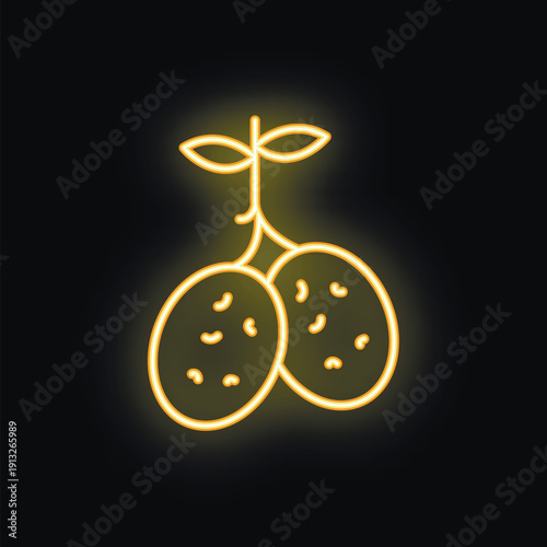 Glowing yellow neon icon of two lemons hanging from a branch with leaves on a black background