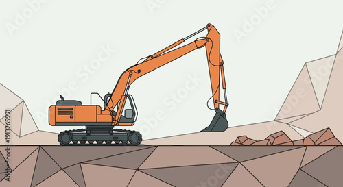 Heavy Excavator Machine Digging Earth In Geometric Landscape