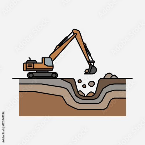 Heavy Excavator Digging Deep Foundation Trench Construction Site Project