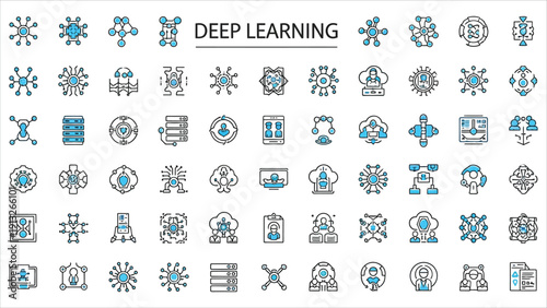 Deep Learning Linear Icons Set – Neural Networks, Algorithms, Big Data, Training, Optimization, and Computer Vision Vector Symbols