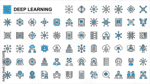 Deep Learning Linear Icons Set – Neural Networks, Algorithms, Big Data, Training, Optimization, and Computer Vision Vector Symbols