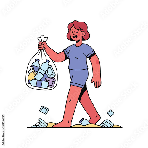 A woman carrying a bag of trash outside on a sunny day