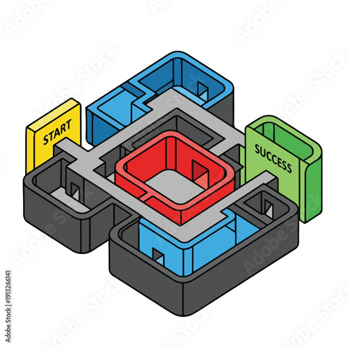 Navigating a complex 3D maze with multiple paths to success from start illustrated in graphic design