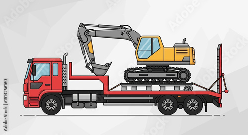 Heavy Excavator Transported On A Red Flatbed Truck Illustration