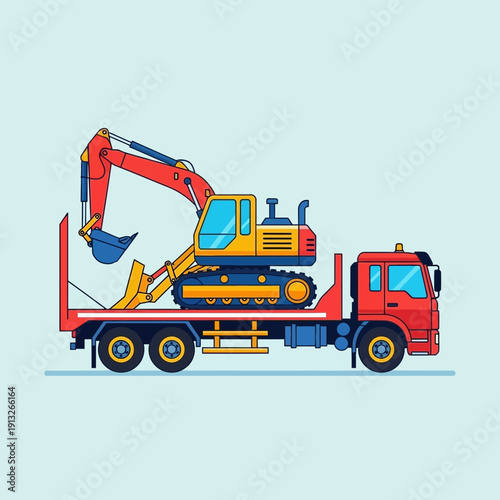 Heavy Excavator Transported On Flatbed Truck Construction Equipment Logistics
