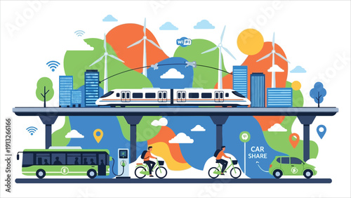 Eco-Friendly Urban Transportation Vector – Car Sharing, Bicycles, and Electric Vehicles in Sustainable City.
