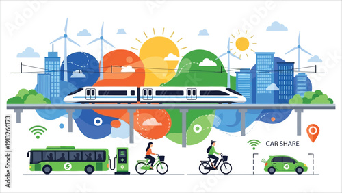 Eco-Friendly Urban Transportation Vector – Car Sharing, Bicycles, and Electric Vehicles in Sustainable City.