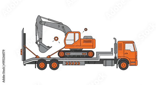 Heavy Excavator Transported On Flatbed Truck Construction Vehicle Logistics