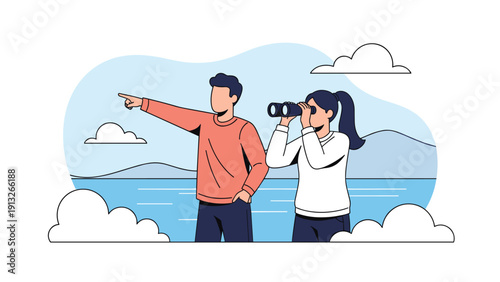 Young couple standing outdoors by the sea, with the man pointing and the woman looking through binoculars at the distant horizon line.