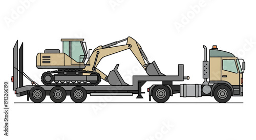 Heavy Excavator Transported On Flatbed Truck Industry Logistics