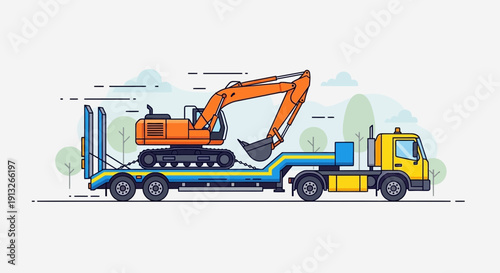 Heavy Excavator Transported On Flatbed Truck Illustrative Graphic