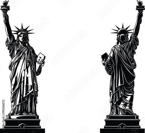 Statue of Liberty silhouette illustration front and back view, black vector artwork, American freedom symbol isolated white background design graphic