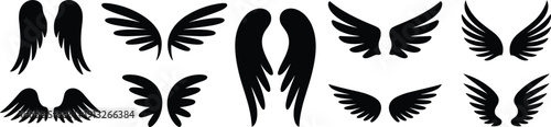 Black angel wings silhouettes collection isolated on white background, decorative flying wings shapes for tattoo, logo, fantasy and spiritual design
