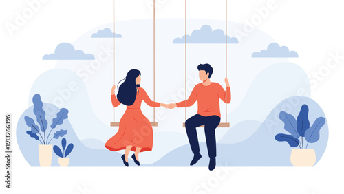 Young romantic couple sitting on swings and holding hands against a soft pastel background with clouds and potted plants.
