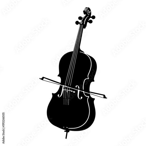 Elegant black and white illustration of a classic cello with a bow