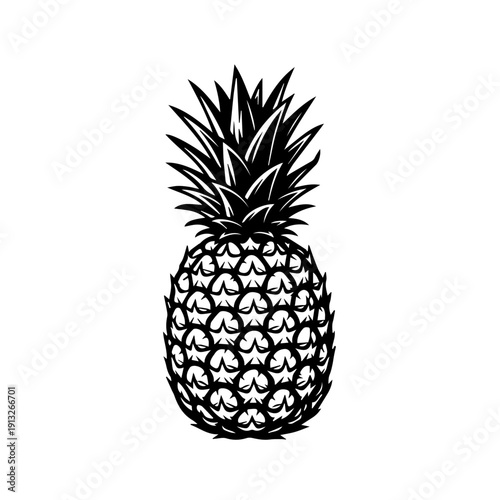 A sleek black and white illustration of a pineapple with a minimalist design style