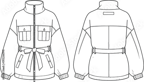 Women jacket technical sketch front back view, fashion flat illustration, belted outerwear apparel design isolated white background