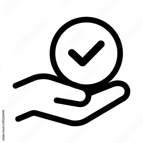 手の上のチェックマーク　承認・完了を表すアイコン　モノクロ