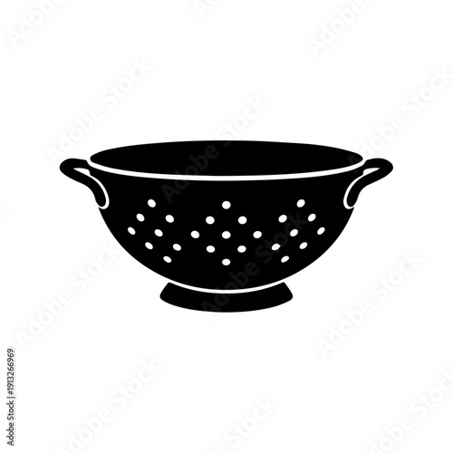 Black colander with perforated bottom and sturdy handle for kitchen use.