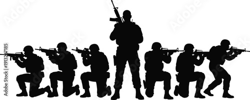 Black silhouette vector illustration of armed soldiers in tactical gear, military squad formation, defense concept, combat team, symmetrical security design artwork